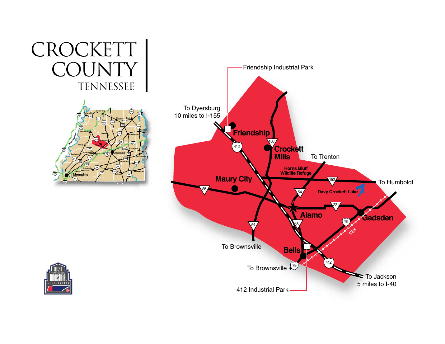 Crockett County highway map showing US 412, US 79, and state routes, CSX rail, and the Friendship and 412 industrial parks